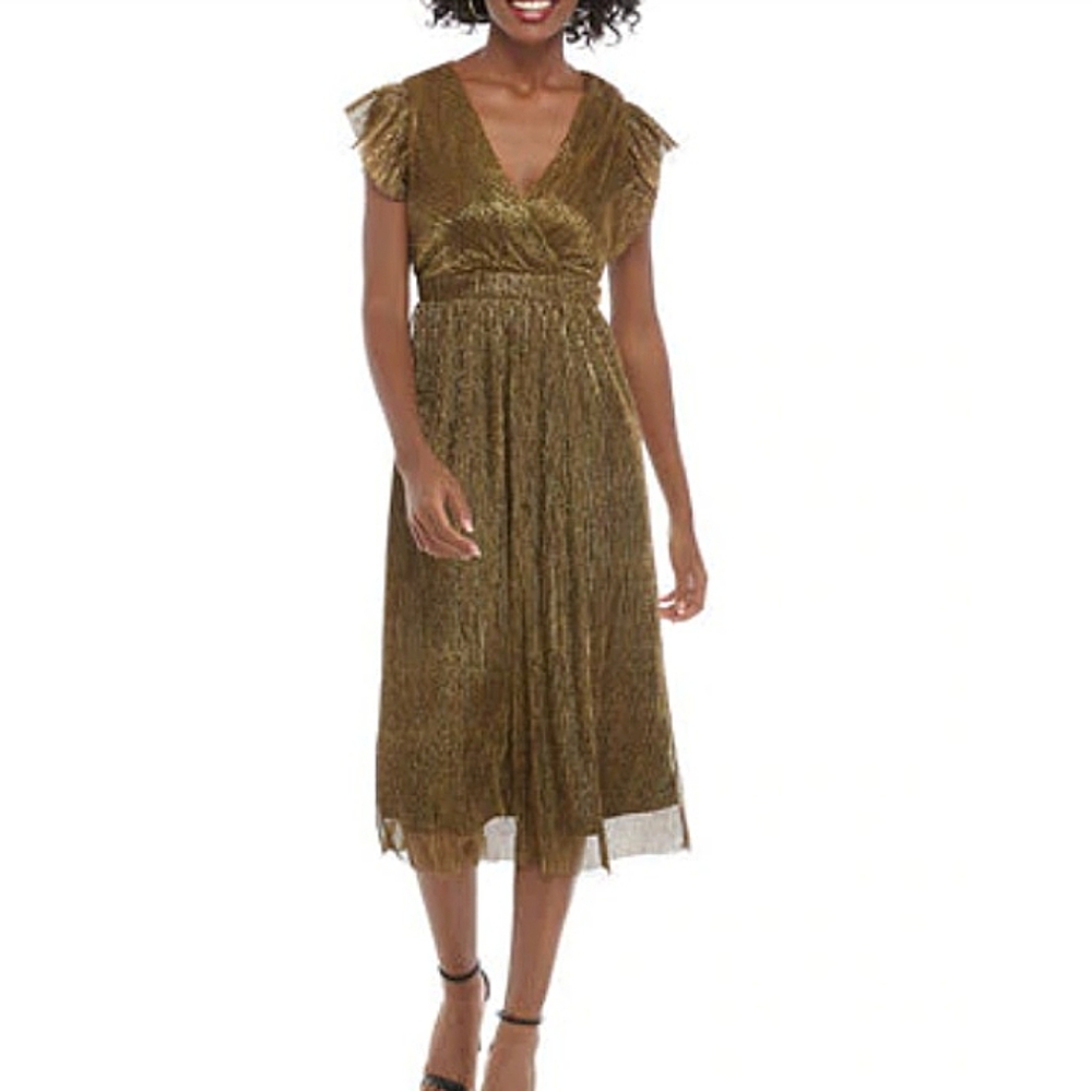 June & Hudson Gold Metallic Flutter Sleeve Dress